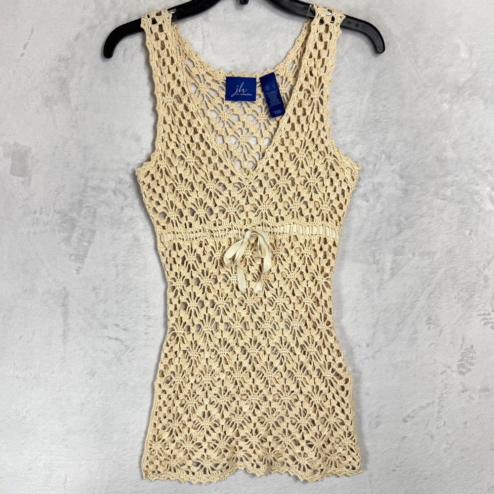 Y2K Boho Floral Crochet Tank Top Knit Babydoll Tunic Size S Linen Blend Festival